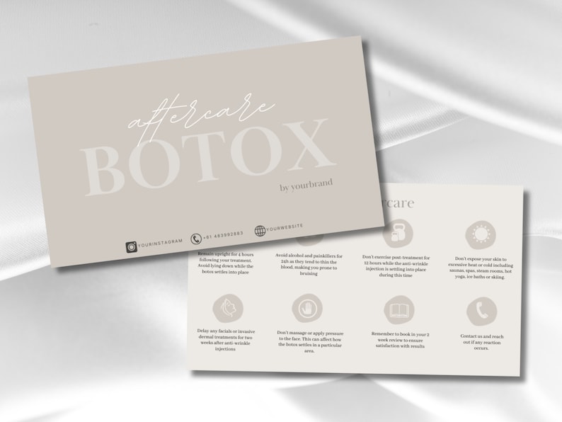 May include: A beige card with the text "aftercare BOTOX by yourbrand" in white. The card has a list of instructions for aftercare following a Botox treatment. The instructions include avoiding alcohol and painkillers, not exercising for 48 hours, not exposing the skin to extreme heat or cold, and contacting the provider if any reactions occur.