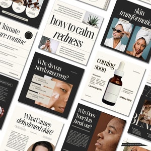 Pu&ograve; includere: Una collezione di grafiche per i social media per un marchio di cura della pelle. Le grafiche presentano immagini di persone, prodotti e testo su routine di cura della pelle, ingredienti e benefici. Le grafiche sono in uno stile minimalista con uno schema di colori bianco e nero.