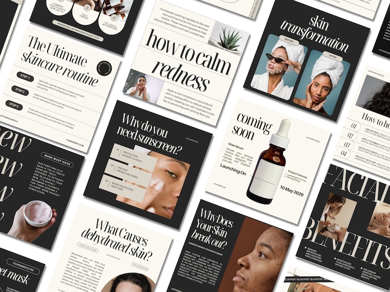 Pu&ograve; includere: Una collezione di grafiche per i social media per un marchio di cura della pelle. Le grafiche presentano immagini di persone, prodotti e testo su routine di cura della pelle, ingredienti e benefici. Le grafiche sono in uno stile minimalista con uno schema di colori bianco e nero.