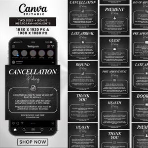 Peut inclure: Un smartphone noir affiche une interface Instagram avec un graphique "Politique d'annulation". L'image comprend du texte sur les conditions d'annulation, des modèles de mise en avant Instagram et un bouton "Acheter maintenant". Le design est en noir et blanc.