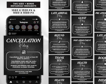 Oltre 35 modelli di policy di prenotazione, policy di prenotazione modificabili per Instagram Story, policy di prenotazione Canva per ciglia, unghie, capelli, policy di cancellazione