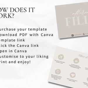 May include: A beige and white printable template for filler aftercare instructions. The template includes icons and text such as "Wait at least 2 weeks before getting on a plane", "Avoid blood thinning medications", "Avoid extreme temperatures for 24 hours", "Apply ice to treated area to reduce swelling", and "Avoid heavy activity or exercise for the first two days after treatment".