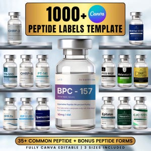 Op de afbeelding: Een verzameling glazen flesjes met zilveren doppen, gelabeld met verschillende peptidenamen, waaronder "BPC-157" en "Matrixyl 3000." De afbeelding bevat de tekst "1000+ Peptide Labels Template" en "35+ Common Peptide + Bonus Peptide Forms."