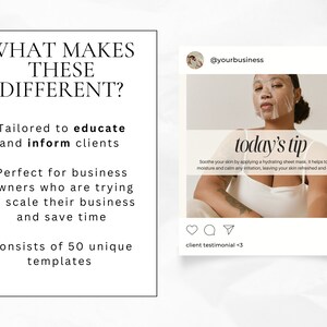 Pu&ograve; includere: Un post sui social media con sfondo bianco e testo nero. Il testo recita "What makes these different?" e elenca diversi motivi per cui questi modelli sono unici. Il post include anche una foto di una persona che indossa una maschera idratante in foglio. Il testo nella foto recita "today's tip" e descrive i vantaggi dell'utilizzo di una maschera idratante in foglio.