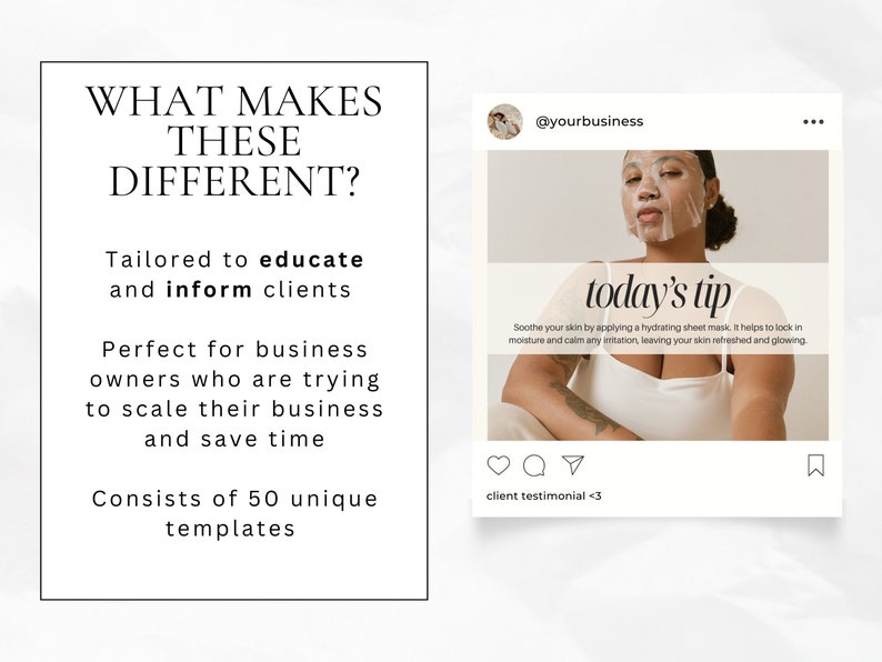Pu&ograve; includere: Un post sui social media con sfondo bianco e testo nero. Il testo recita "What makes these different?" e elenca diversi motivi per cui questi modelli sono unici. Il post include anche una foto di una persona che indossa una maschera idratante in foglio. Il testo nella foto recita "today's tip" e descrive i vantaggi dell'utilizzo di una maschera idratante in foglio.