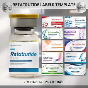 May include: A clear glass vial with a yellow cap and a label that reads "Retatrutide 100 mg/1 mL." The image also displays 10 different label designs, each approximately 2" x 1" and 1.25" x 0.5" in size, with the word "Retatrutide."