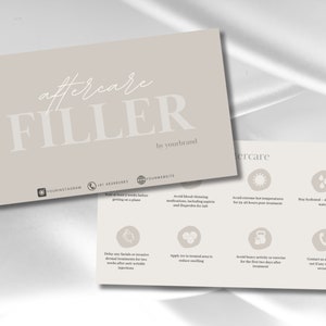 May include: A light brown card with the text "aftercare FILLER by yourbrand" at the top. The card has a list of aftercare instructions for filler treatments, including avoiding blood thinning medications, extreme temperatures, heavy activity, and staying hydrated.