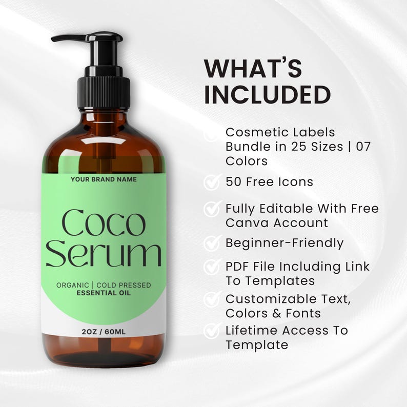 May include: A brown glass bottle with a black pump dispenser and a light green label. The label reads "Coco Serum" and "Organic | Cold Pressed Essential Oil". The bottle contains 2 oz / 60ml of product. Text on the right side says "WHAT'S INCLUDED".