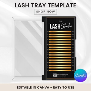 Könnte beinhalten: Eine schwarze Wimperntablettenvorlage mit goldenen horizontalen Linien und dem Text "THE LASH Studio". Die Vorlage enthält den Text "LASH TRAY TEMPLATE" und "EDITABLE IN CANVA - EASY TO USE". Auf der linken Seite befindet sich eine transparente Ablage.