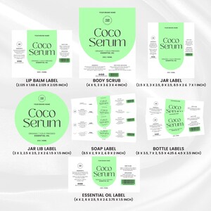 May include: A collection of Coco Serum product labels in various sizes and shapes. The labels feature a light green arched design with the words "Coco Serum" in black. The labels are for lip balm, body scrub, jars, soap, bottles, and essential oil.