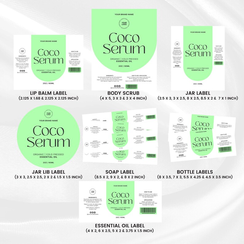May include: A collection of Coco Serum product labels in various sizes and shapes. The labels feature a light green arched design with the words "Coco Serum" in black. The labels are for lip balm, body scrub, jars, soap, bottles, and essential oil.