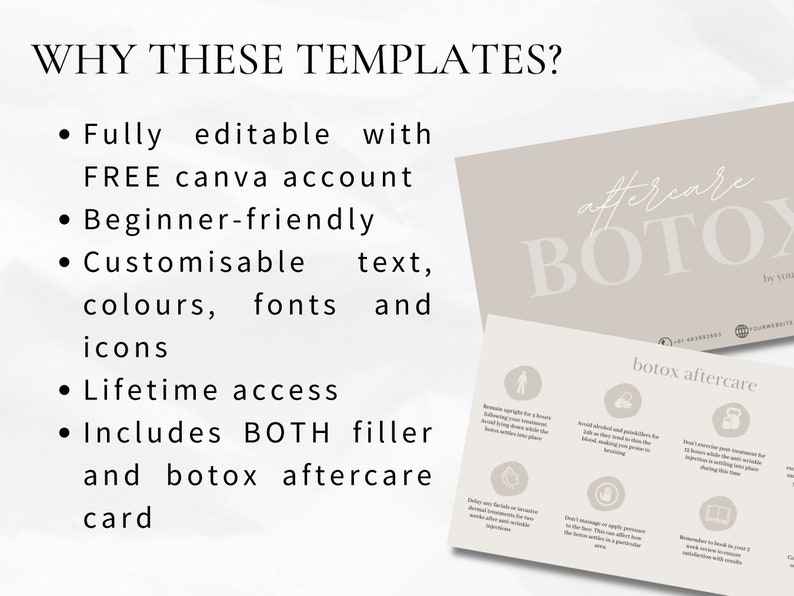 May include: A beige and white card with the text "aftercare BOTOX" in a handwritten font. The card includes a list of instructions for aftercare of Botox injections. The text on the card reads "Avoid sunbed and saunas for the first 48 hours", "Don't massage or apply pressure to the face", "Remember to book in for your 2 week review", "Don't exercise for 24 hours", "Don't sleep on your face for the first 48 hours", "Avoid strenuous activity for the first 48 hours".