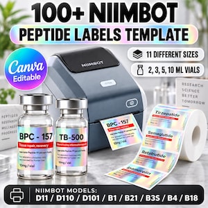 Könnte beinhalten: Ein Niimbot Etikettendrucker mit einer Rolle holografischer Peptid-Etiketten. Zwei Glasfläschchen sind mit BPC-157 und TB-500 beschriftet. Die Etiketten enthalten Text wie Tirzepatide, Semaglutide, Retatrutide und Ipamorelin. Die Grafik zeigt 11 Größen für 2, 3, 5, 10 ml Fläschchen und Canva-Vorlagen für Niimbot-Modelle D11, D110, D101, B1, B21, B3S, B4 und B18.