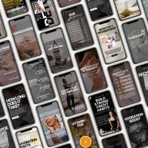 Può includere: Una collezione di smartphone che mostrano vari contenuti relativi al benessere e alla salute. Gli schermi presentano testo e immagini sulla terapia IV, l'idratazione, il recupero e l'aumento del metabolismo. La combinazione di colori è principalmente nero, bianco e beige.