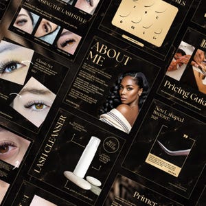 May include: A collection of social media templates for a lash business featuring black backgrounds with gold text and marble accents. The templates display lash style guides, an about me section with a portrait, product photos of lash cleanser, and tweezers.