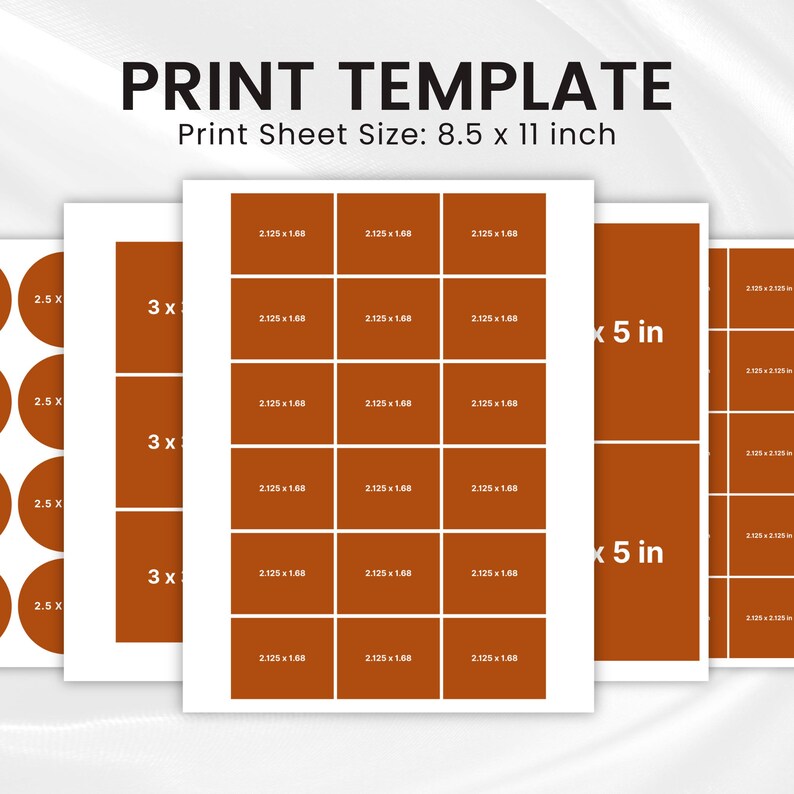 May include: Print template sheets with a white background and brown rectangular and circular shapes. The text "PRINT TEMPLATE" and "Print Sheet Size: 8.5 x 11 inch" are displayed at the top of the image.