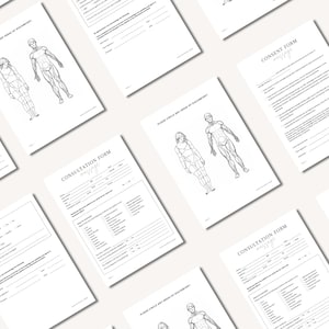 Puede incluir: Una colección de formularios de papel blanco, incluidos formularios de consulta y consentimiento, se organiza sobre un fondo claro. Algunos formularios presentan dibujos lineales del cuerpo humano. Los formularios están diseñados para un negocio de masajes.