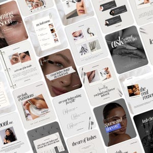 Op de afbeelding: Een verzameling social media sjablonen voor een wimperstudio met diverse lay-outs, typografie, close-up fotografie van ogen met wimperextensions en informatieve tekst, waaronder zinnen zoals my lash menu en the art of lashes.