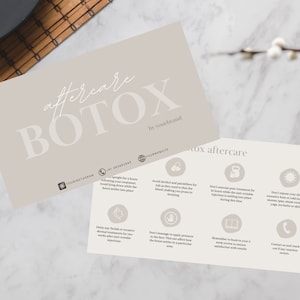 May include: Beige card with the text "aftercare BOTOX by your brand" in white. The card has icons and text about aftercare instructions for Botox treatments. The icons include a glass of wine, a hand with a finger pointing, a sun, a book, and a phone.
