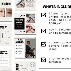 Puede incluir: Un kit de marketing digital para t&eacute;cnicos de pesta&ntilde;as. El kit incluye 50 plantillas de publicaciones de Instagram, un archivo PDF con enlaces a plantillas, y texto, colores, fuentes e iconos personalizables. El kit tambi&eacute;n incluye acceso de por vida a la plantilla.