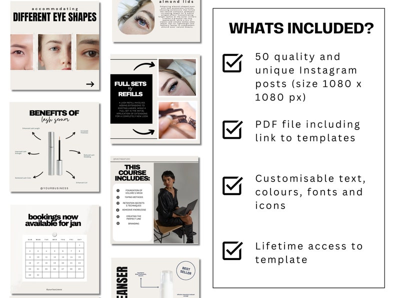 Puede incluir: Un kit de marketing digital para t&eacute;cnicos de pesta&ntilde;as. El kit incluye 50 plantillas de publicaciones de Instagram, un archivo PDF con enlaces a plantillas, y texto, colores, fuentes e iconos personalizables. El kit tambi&eacute;n incluye acceso de por vida a la plantilla.