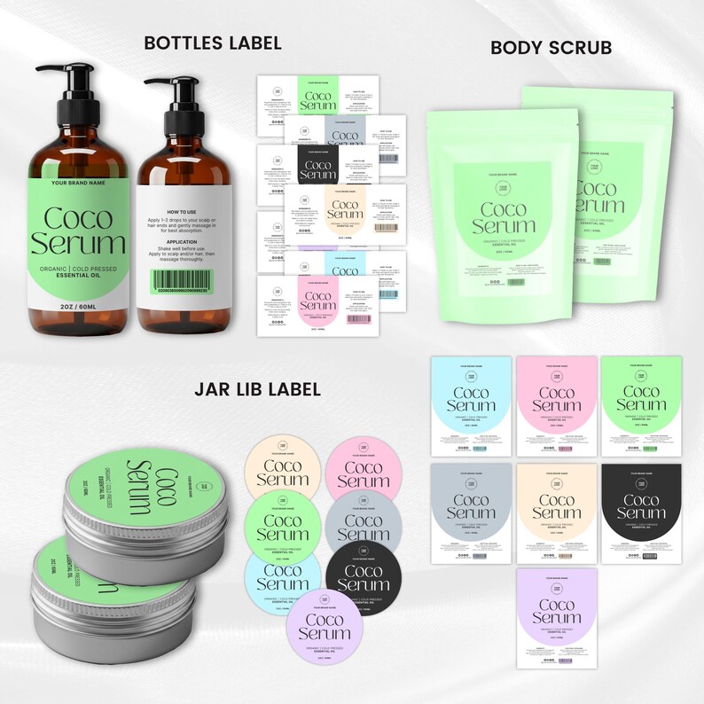May include: An assortment of Coco Serum products, including amber glass bottles with black pumps, green-labeled jars, and light green pouches. Various labels in pastel colors are also displayed, all featuring the Coco Serum logo.