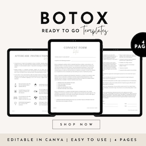 Botox-Einverständniserklärung, Krankenschwester-Injektionsbehandlungsformular, Ästhetik-Formular, Kunden-Beratungsformulare, Botox-Nachsorge, Kosmetikerin-Intake-Formulare