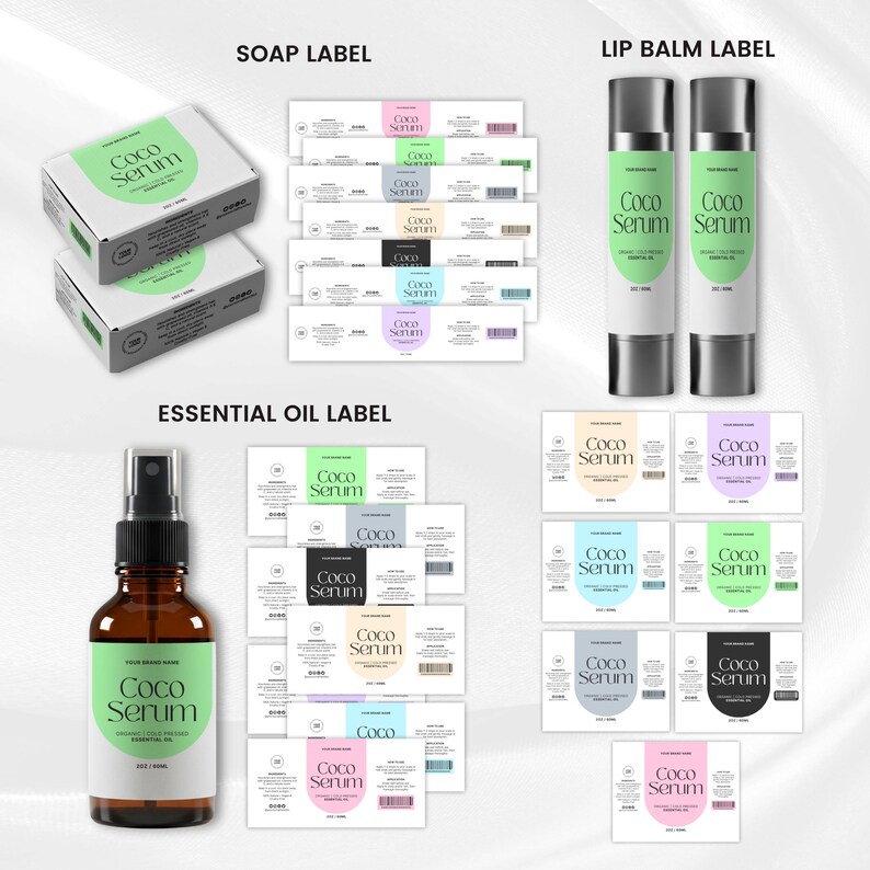 May include: An assortment of beauty product labels and packaging. Includes two soap boxes, two lip balm tubes, and an essential oil bottle. The labels feature the text "Coco Serum" in a modern font, with a green and white color scheme.