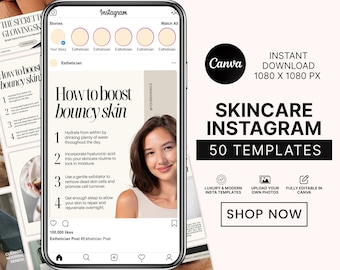 スキンケアInstagramテンプレート50選、スキンケアソーシャルメディア投稿、エステティシャン＆メディスパCanvaテンプレート、スキンケアブランディング、ソーシャルメディアテンプレート