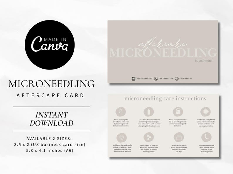 Puede incluir: Una tarjeta de cuidado posterior beige para la microneedling con instrucciones para el procedimiento. La tarjeta est&aacute; disponible en dos tama&ntilde;os: 3,5 x 2 pulgadas (tama&ntilde;o de tarjeta de visita estadounidense) y 5,8 x 4,1 pulgadas (A6).