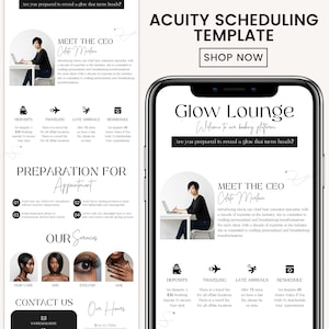 Può includere: Annuncio del modello di pianificazione Acuity. Il design presenta uno smartphone che mostra una piattaforma di prenotazione di servizi di bellezza. Il testo include "Glow Lounge" e "Meet the CEO". I servizi includono cura dei capelli, parrucche, extension ciglia e servizi per unghie.