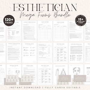 Op de afbeelding: Een bundel esthetician-formulieren met de tekst "ESTHETICIAN Mega Forms Bundle". De formulieren omvatten toestemmingsformulieren, klantrecords, nazorgadvies en huidtypegidsen. De bundel bevat meer dan 120 pagina's en 15+ nazorgkaarten. De tekst "INSTANT DOWNLOAD | FULLY CANVA EDITABLE" is ook aanwezig.