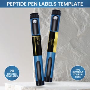 May include: Two blue peptide pens with black and yellow labels, displaying the text "BPC-157" and "PEG-MGF". The image also includes the text "PEPTIDE PEN LABELS TEMPLATE", "20 EDITABLE TEMPLATES", and "TWO DIFFERENT STYLES & SIZES".