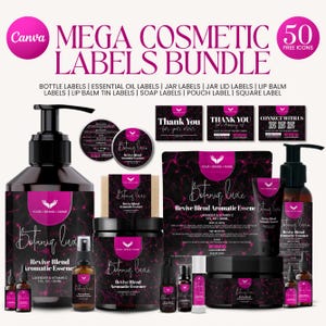 Puede incluir: Un conjunto de etiquetas cosméticas con un diseño de mármol rosa y negro. Las etiquetas incluyen etiquetas de botellas, tarros y aceites esenciales, con el texto "Revive Blend Aromatic Essence" y "Botanique Luxe".