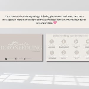 Puede incluir: Una tarjeta beige con el texto "Aftercare Microneedling" en escritura blanca. Una segunda tarjeta beige con el texto "Microneedling Care Instructions" en texto negro. La tarjeta est&aacute; dividida en ocho secciones con iconos y texto que describen las instrucciones de cuidado posterior.