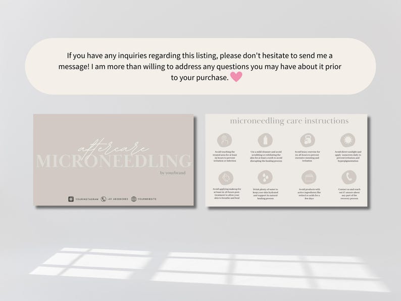 Puede incluir: Una tarjeta beige con el texto "Aftercare Microneedling" en escritura blanca. Una segunda tarjeta beige con el texto "Microneedling Care Instructions" en texto negro. La tarjeta est&aacute; dividida en ocho secciones con iconos y texto que describen las instrucciones de cuidado posterior.