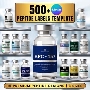 Könnte beinhalten: Eine Darstellung von transparenten Glasfläschchen mit silbernen Verschlüssen, beschriftet mit "BPC-157". Das Bild zeigt verschiedene Etikettendesigns, darunter Texte wie "500+ Peptide Labels Template" und "15 Premium Peptide Designs | 3 Sizes". Die Fläschchen enthalten 10mg/vial.