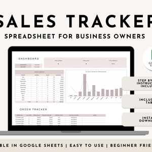 Puede incluir: Un ordenador portátil que muestra una hoja de cálculo de Google Sheets con un panel de control de seguimiento de ventas y un seguimiento de pedidos. La hoja de cálculo tiene pestañas para el panel de control, el seguimiento de pedidos y las instrucciones. El texto en la pantalla dice "SALES TRACKER" y "SPREADSHEET FOR BUSINESS OWNERS".