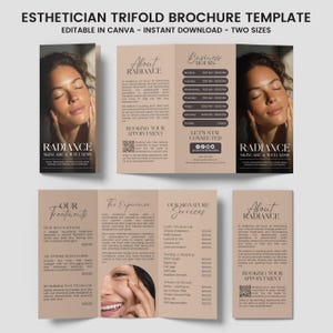 Puede incluir: Una plantilla de folleto tríptico de esteticista beige con el texto "ESTHETICIAN TRIFOLD BROCHURE TEMPLATE" y "RADIANCE SKINCARE & WELLNESS". El folleto incluye horarios comerciales, servicios y un código QR para reservar citas.