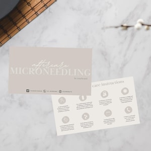 Puede incluir: Una tarjeta de color marr&oacute;n claro con el texto "aftercare MICRONEEDLING by southwind" e instrucciones de cuidado para la microneedling. Las instrucciones incluyen iconos para la hidrataci&oacute;n, la protecci&oacute;n solar y la evitaci&oacute;n del maquillaje.