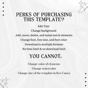 May include: A white and gray graphic with the text "PERKS OF PURCHASING THIS TEMPLATE?" and a list of features, including editing text, changing the background, and downloading in multiple formats. The text also states what you cannot do.
