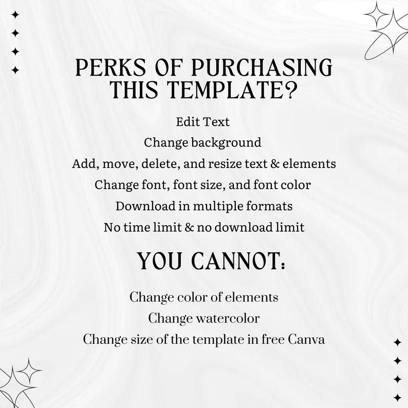 May include: A white and gray graphic with the text "PERKS OF PURCHASING THIS TEMPLATE?" and a list of features, including editing text, changing the background, and downloading in multiple formats. The text also states what you cannot do.