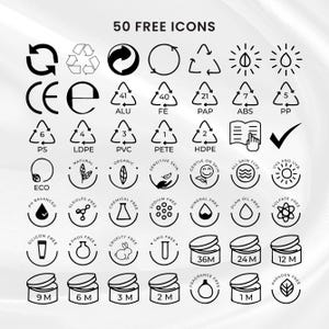 May include: A collection of 50 free icons, including recycling symbols, product safety certifications, and ingredient-related symbols. The icons are black and white and arranged in rows and columns. Text at the top reads "50 FREE ICONS."