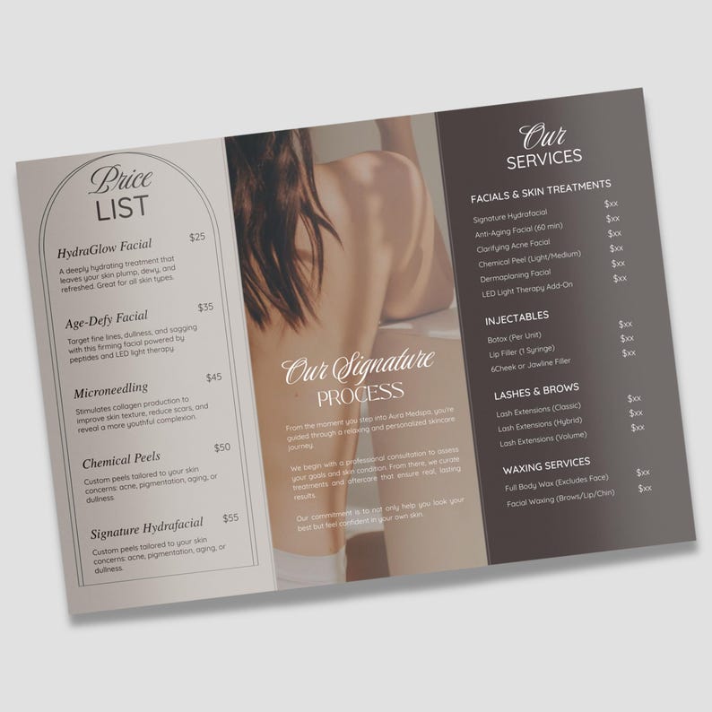 Esthetician Medspa Trifold Brochure Template, Beauty Salon Price list, Minimalistic, Esthetician Flyer, Medspa Skincare Beauty Brochure image 3