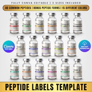 Sjablonenbundel peptidelabel, afdrukbaar label voor peptidetherapie, etiketten peptideflacon, Canva bewerkbaar, sticker holografische peptidelabel