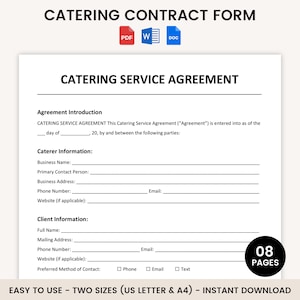 Catering Contract Template, Editable Catering Service Contract, Catering Business Contract, Printable PDF, Word & Docs, Instant Download
