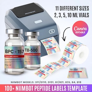 Pode incluir: Uma impressora de etiquetas com dois frascos rotulados "BPC-157" e "TB-500" ao lado. A impressora está imprimindo etiquetas com vários nomes de peptídeos. A imagem também inclui o texto "11 DIFFERENT SIZES 2, 3, 5, 10 ML VIALS" e "100+ NIIMBOT PEPTIDE LABELS TEMPLATE".