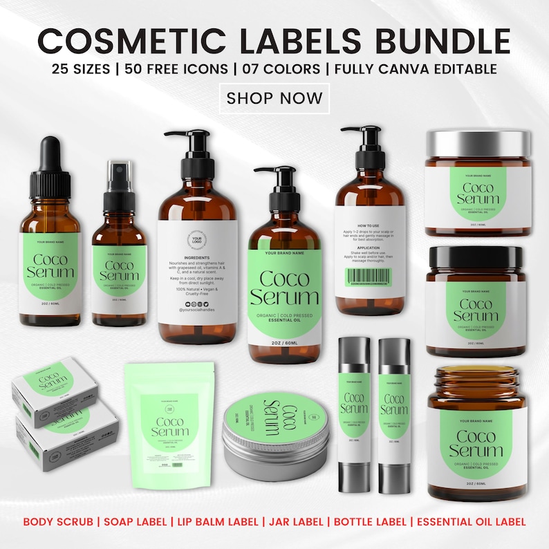 May include: A collection of cosmetic labels featuring various bottle and jar designs. The labels are in brown and white with green accents, and the text "Coco Serum" is visible. The image includes labels for body scrub, soap, lip balm, jars, and essential oils.