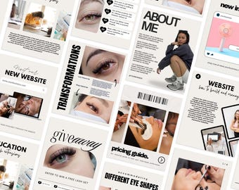 May include: A collection of social media templates for a lash extension business featuring text headers like Education, Aftercare Instructions, About Me, Transformations, Giveaway, Pricing Guide, and Website, with images of eyes and lash applications.
