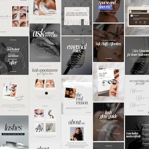 May include: A collection of social media graphics featuring eyelash extension services, including close-up photography of eyes, lash application tools, and text overlays such as lash appointment for september, lash glow guide, and essential rules.